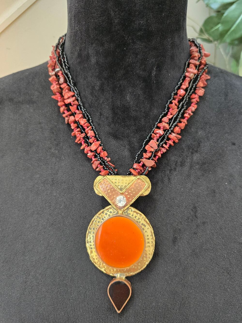 Orange Black Multi Strand Beaded Pendant Statement Necklace